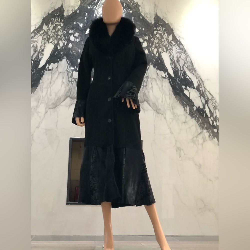 Black Winter Fur Coat Suede Print Fox Fur Long Trench Mob Wives Aesthetic